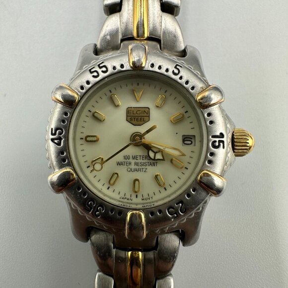 3/$30 Elgin Steel Watch Women Gold/ Silver Date Window 24MM Round Dial 6.5" - Picture 1 of 10